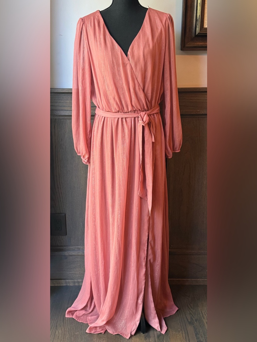 premier Amour Long Coral Faux Wrap Maxi Dress with Tie Waist 12 euc